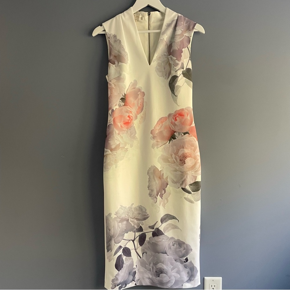 Ted Baker Ivory Midi Dress with Blush and Gray Floral Print.